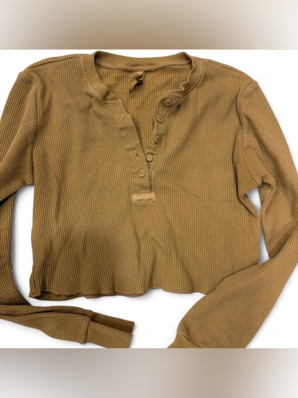 SKIMS Womens Waffle Long Sleeve Crop Henley in Camel/Tan Size XL